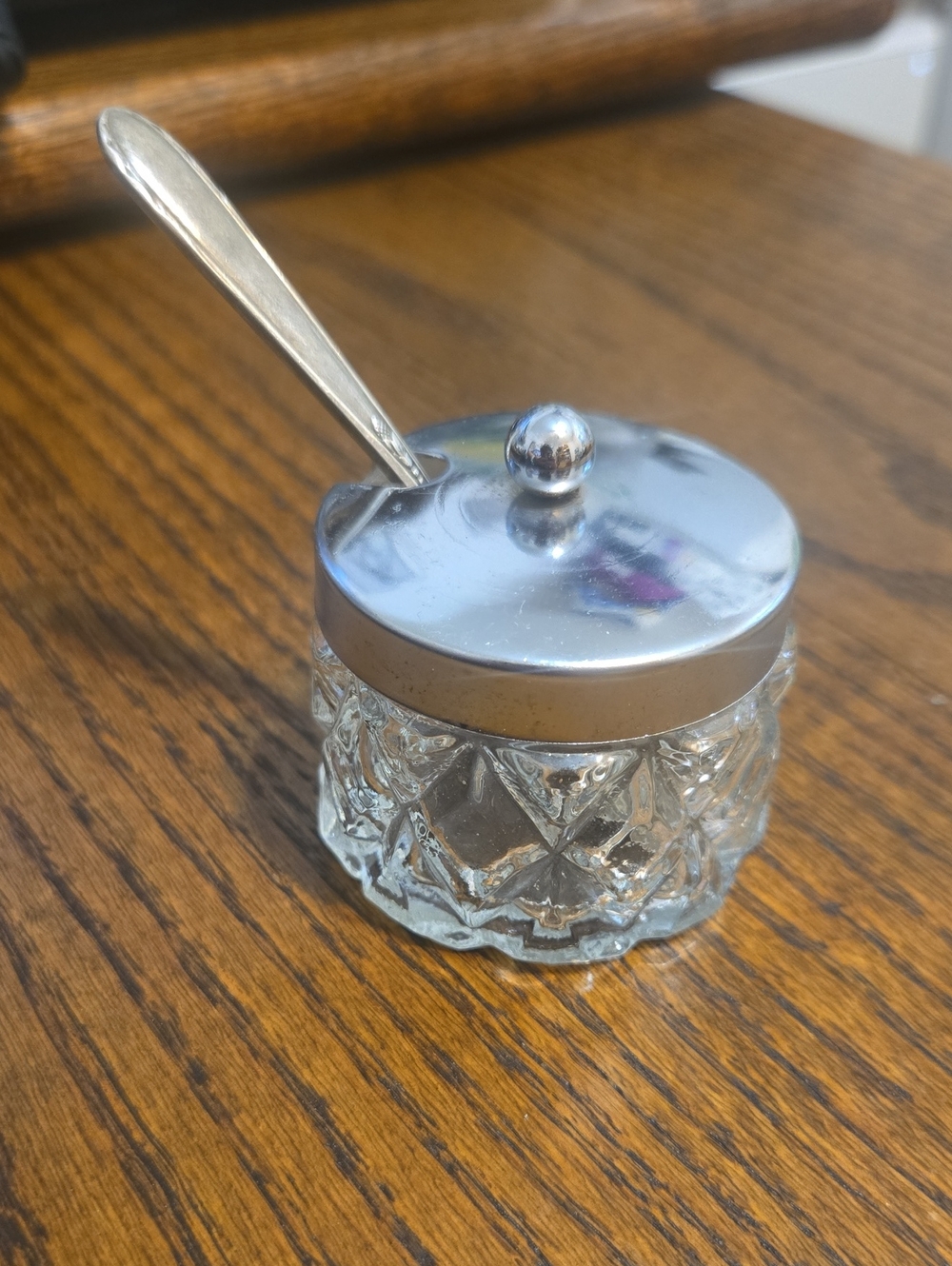 Glass Sugar or Jam Pot with Metal Lid and Spoon - Clear and Silver